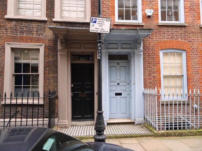 Nice doors and great Victorian tiles, Fournier Street, London, April 2019