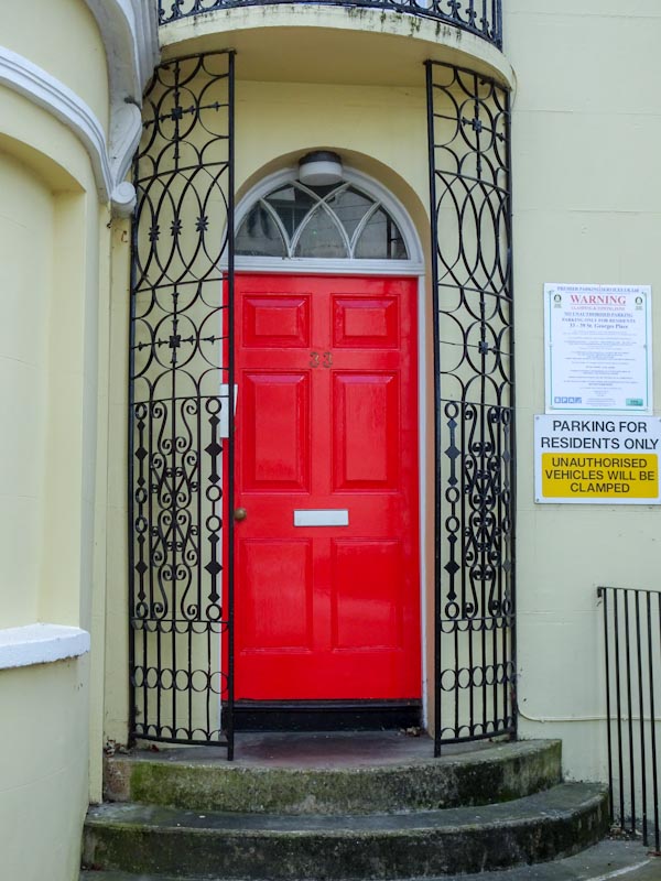 A gorgeous door somewhat eclipsed by the warning notices to the right, Cheltenham, September 2020