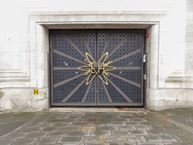 Garage door to Electricity House, Christmas Street, Bristol, March 2021