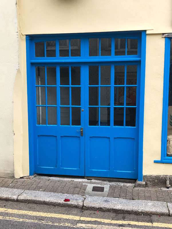 Blue double doors, Truro, Cornwall, August 2021