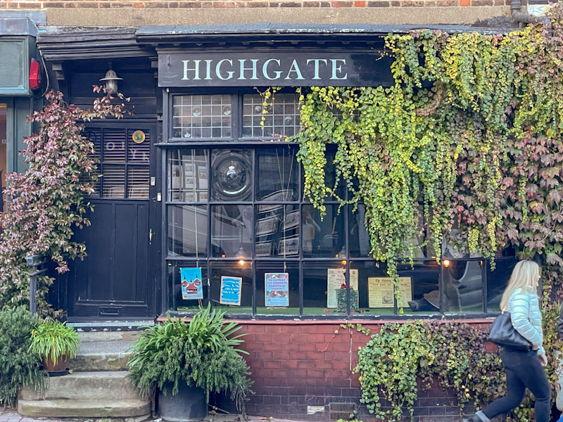 This is Highgate! - door and glass-panelled shopfront, Highgate, London, November 2023